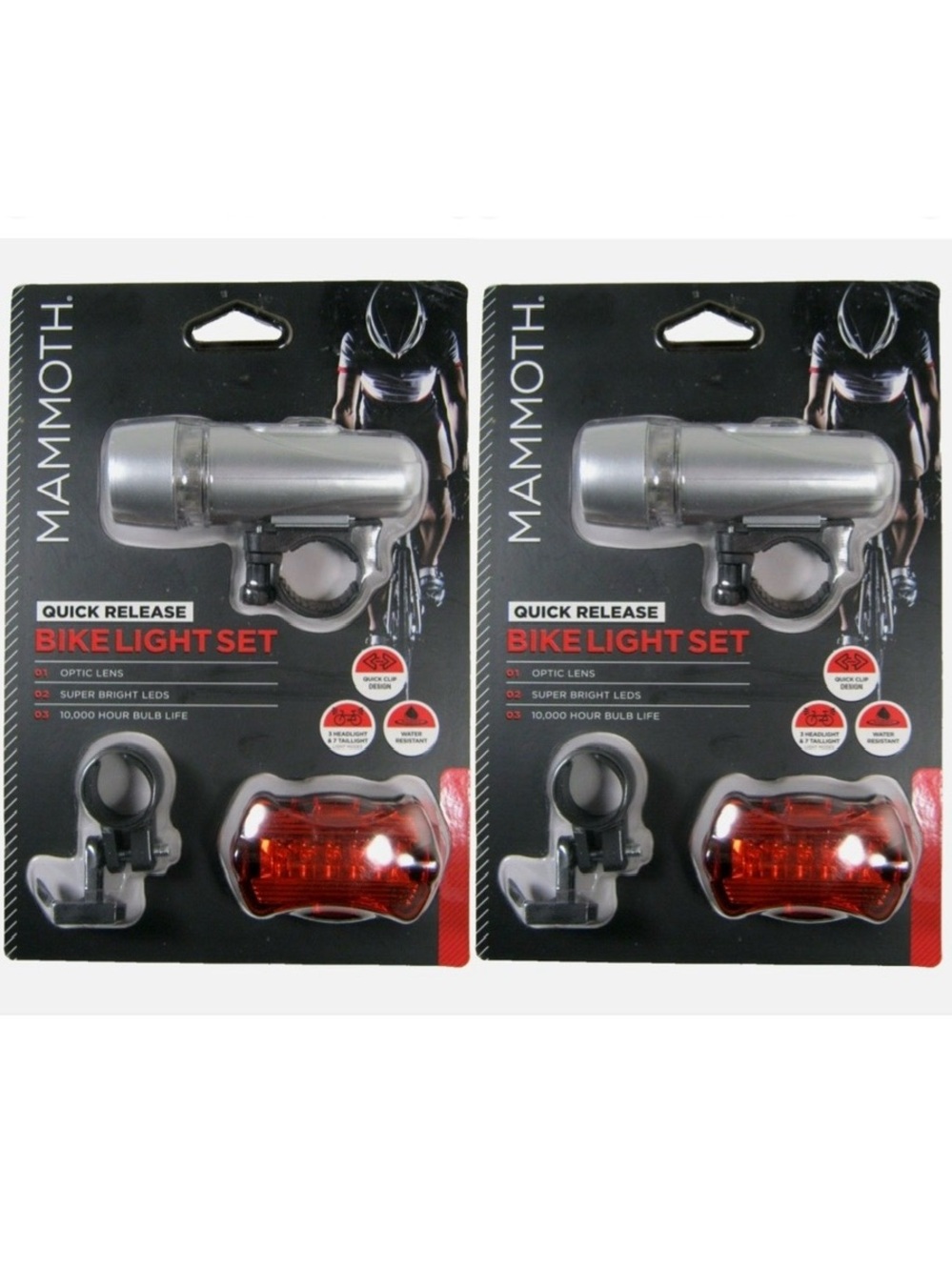 Set of 2 - Mammoth Quick Release Bike Light Set - Silver Front & Red Rear